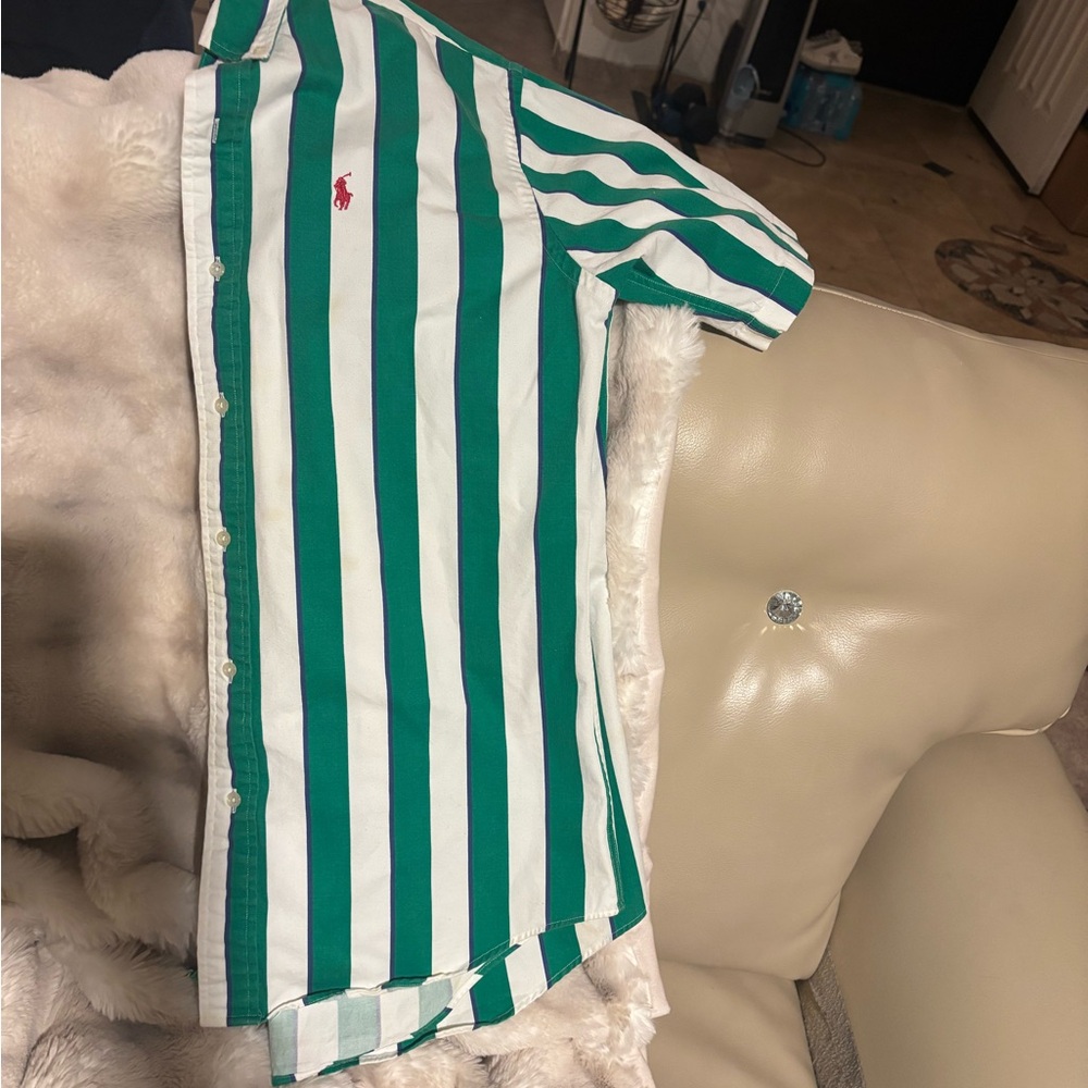 Ralph Lauren Green and White Striped Polo Button-Up Shirt